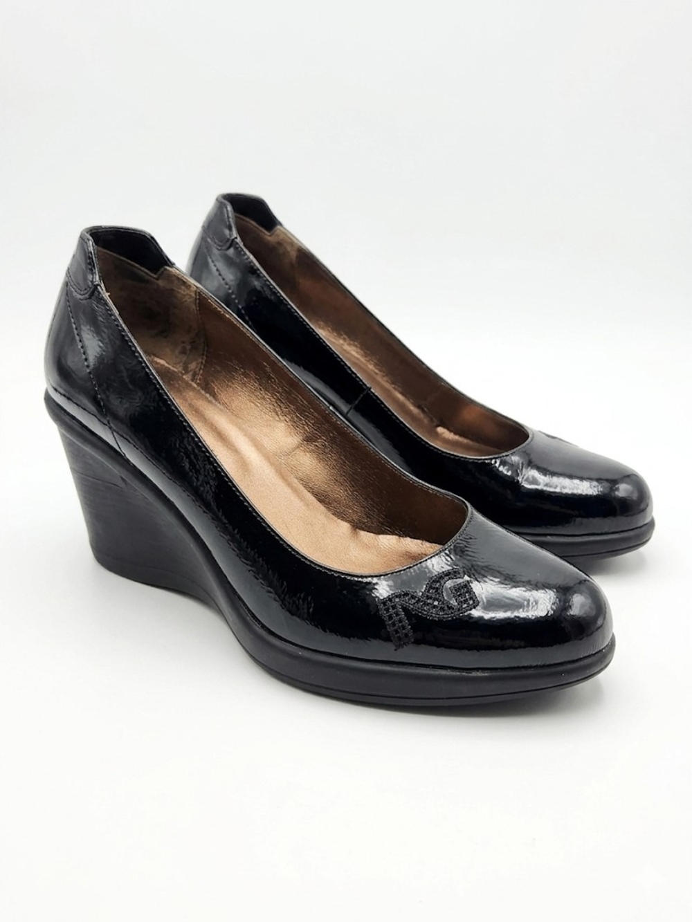 Nero Giardini Italian Black Patent Leather Wedge Pumps Shoes Size 37